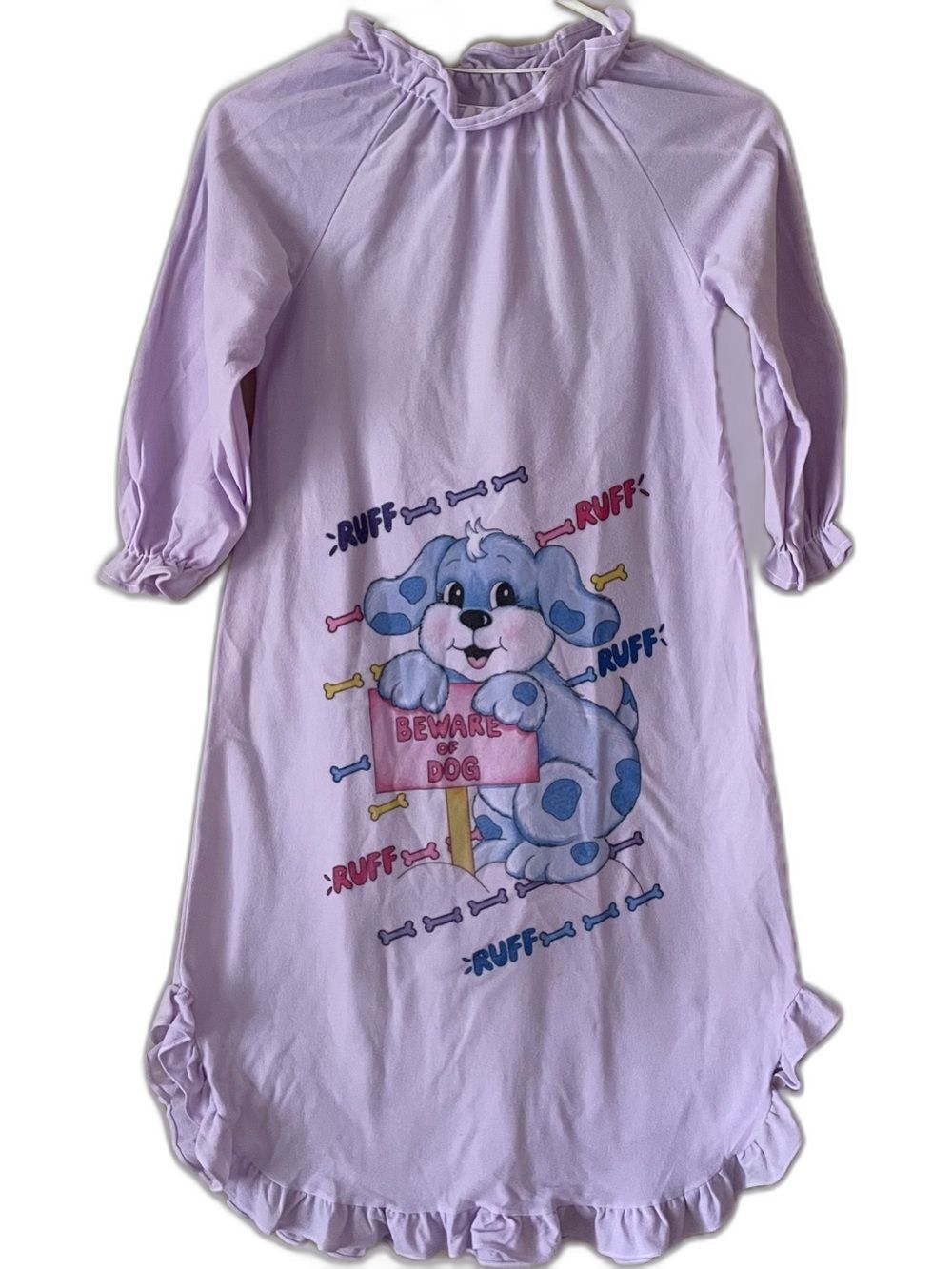 vintage 1985 Pound Puppies long-sleeve nightgown purple. "Beware of Dog” Sz 10